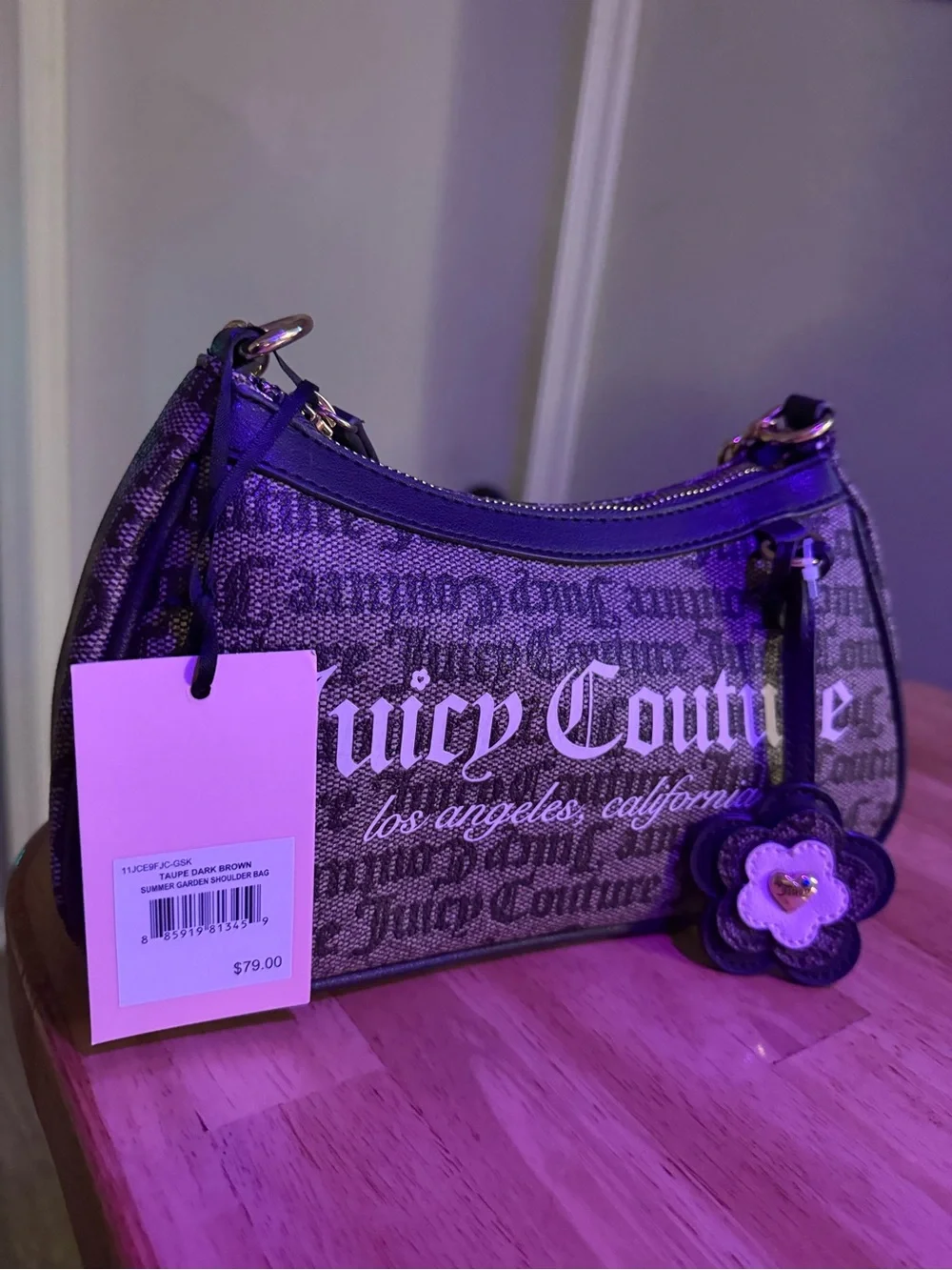 Juicy Couture Black & Brown Logo Chain Shoulder Bag with Flower Charm